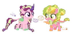 Size: 1471x706 | Tagged: safe, artist:unoriginai, derpibooru import, oc, oc:burning star, oc:pumpkin, dracony, dragon, hybrid, kirin, pony, adoptable, dialogue, female, filly, magical lesbian spawn, offspring, parent:autumn blaze, parent:spike, parent:starlight glimmer, parents:autumnglimmer, parents:autumnspike