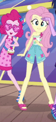 Size: 410x880 | Tagged: safe, derpibooru import, screencap, fluttershy, pinkie pie, sci-twi, twilight sparkle, equestria girls, equestria girls series, i'm on a yacht, spoiler:eqg series (season 2), alternate hairstyle, animated, blinking, blouse, clothes, cropped, cute, dancing, dress, eyeshadow, feet, female, geode of fauna, gif, glasses, heart shaped glasses, legs, looking at you, magical geodes, makeup, open-toed shoes, sandals, shoes, shorts, shyabetes, smiling, solo focus