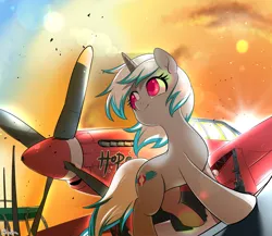 Size: 2300x2000 | Tagged: safe, artist:renokim, derpibooru import, oc, oc:windshear, pony, unicorn, aircraft, airfield, female, mare, solo, sunset