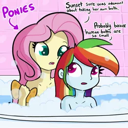 Size: 2048x2048 | Tagged: safe, artist:tjpones, derpibooru import, fluttershy, rainbow dash, equestria girls, bath, bathing, bathing together, bathtub, bubble, bubble bath, casual nudity, clueless, confused, dialogue, female, frown, nudity, open mouth, sitting, smoldash, soap bubble, sponge, tallershy, text, we don't normally wear clothes