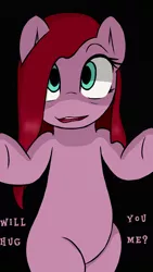 Size: 638x1131 | Tagged: safe, artist:pinkiesheen, derpibooru import, edit, pinkie pie, earth pony, pony, bipedal, black background, female, hug, looking at you, mare, no catchlights, pinkamena diane pie, question, question mark, simple background, smiling, solo, text, text edit, yes