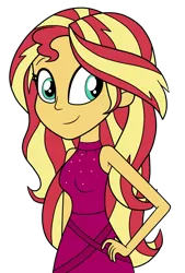 Size: 1983x2939 | Tagged: safe, artist:eagc7, derpibooru import, sunset shimmer, equestria girls, equestria girls series, spring breakdown, spoiler:eqg series (season 2), alternate hairstyle, clothes, dress, female, hand on hip, simple background, sleeveless, smiling, solo, transparent background