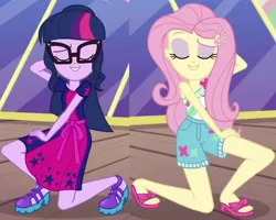 Size: 1350x1080 | Tagged: safe, derpibooru import, screencap, fluttershy, sci-twi, twilight sparkle, equestria girls, equestria girls series, i'm on a yacht, spoiler:eqg series (season 2), clothes, cropped, cute, dress, eyes closed, eyeshadow, feet, female, geode of fauna, glasses, legs, magical geodes, makeup, one shoulder, ponytail, pose, sandals, shoes, shorts, skirt, smiling