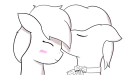 Size: 2000x1200 | Tagged: safe, artist:sketchlines, derpibooru import, oc, oc:electrical note, unofficial characters only, pony, birthday gift, blushing, blushing ears, forehead kiss, kissing, lineart, ribbon