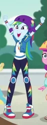 Size: 263x701 | Tagged: safe, derpibooru import, screencap, gallop j. fry, lily longsocks, rainbow dash, equestria girls, equestria girls series, sic skateboard, spoiler:eqg series (season 2), clothes, converse, cropped, cute, dashabetes, female, geode of super speed, helmet, magical geodes, pants, shoes, smiling, sneakers, solo focus