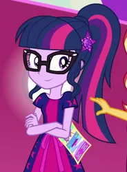 Size: 749x1019 | Tagged: safe, derpibooru import, screencap, sci-twi, sunset shimmer, twilight sparkle, equestria girls, equestria girls series, spring breakdown, spoiler:eqg series (season 2), barrette, clothes, cropped, crossed arms, female, geode of telekinesis, glasses, hairpin, magical geodes, offscreen character, ponytail, solo focus