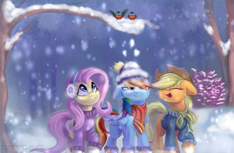 Size: 780x512 | Tagged: safe, artist:sketchy-the-pony, derpibooru import, applejack, fluttershy, rainbow dash, bird, clothes, earmuffs, floppy ears, forest, laughing, robin, scarf, snow, snow cap, snowfall, sweater, tongue out, tree, tree branch, winter, winter outfit