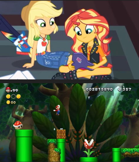 Size: 471x549 | Tagged: safe, derpibooru import, edit, screencap, applejack, rainbow dash, sunset shimmer, turtle, equestria girls, equestria girls series, the finals countdown, blocks, coin, gamer sunset, koopa shell, mario, new super mario bros., new super mario bros. u, new super mario bros. u deluxe, nintendo, pipe (plumbing), piranha plant, sunset gamer, super mario bros., turtle shell, warp pipe