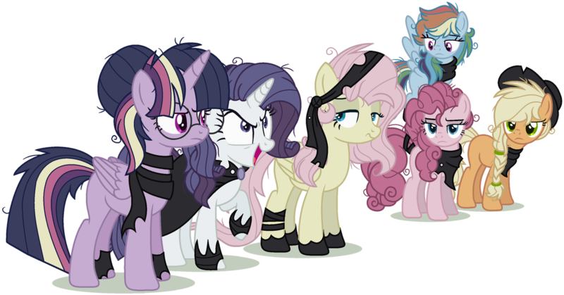 Size: 1280x670 | Tagged: safe, artist:bezziie, derpibooru import, mean applejack, mean fluttershy, mean pinkie pie, mean rainbow dash, mean rarity, mean twilight sparkle, alicorn, earth pony, pegasus, pony, unicorn, the mean 6, alternate design, alternate hairstyle, bandana, cape, clone, clone six, clothes, female, glasses, hoof wraps, mare, mean six, messy hair, messy mane, open mouth, raised hoof, scarf, simple background, transparent background