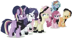 Size: 1280x670 | Tagged: safe, artist:bezziie, derpibooru import, mean applejack, mean fluttershy, mean pinkie pie, mean rainbow dash, mean rarity, mean twilight sparkle, alicorn, earth pony, pegasus, pony, unicorn, the mean 6, alternate design, alternate hairstyle, bandana, cape, clone, clone six, clothes, female, glasses, hoof wraps, mare, mean six, messy hair, messy mane, open mouth, raised hoof, scarf, simple background, transparent background