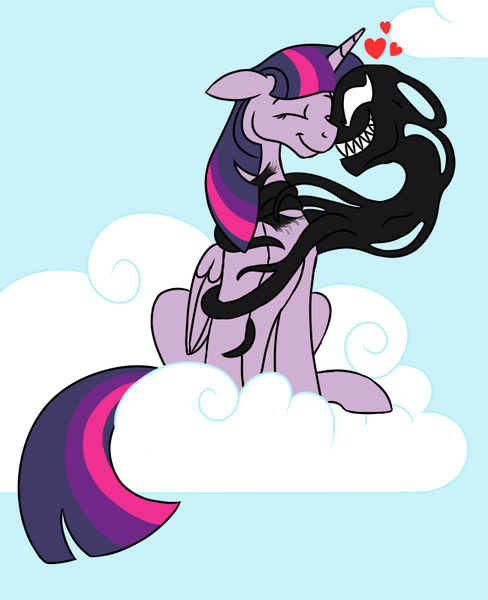 Size: 650x800 | Tagged: safe, artist:spyro-for-life, derpibooru import, twilight sparkle, twilight sparkle (alicorn), alicorn, pony, fanfic:the symbiote, cloud, crossover, crossover shipping, fanfic art, female, floating heart, heart, mare, marvel comics, nuzzling, shipping, symbiote, twinom, venom, venom (2018), wat
