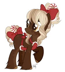 Size: 1062x1184 | Tagged: safe, artist:mintoria, derpibooru import, oc, oc:cocoa butter, earth pony, pony, apron, bow, clothes, female, hair bow, mare, simple background, solo, tail bow, transparent background