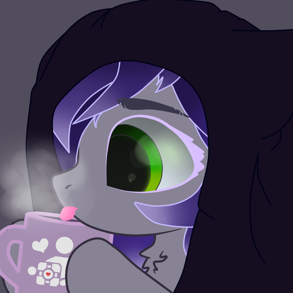 Size: 1080x1080 | Tagged: safe, artist:reterica, derpibooru import, oc, pony, blanket, cup, food, green eyes, lapping, simple background, solo, tea, tongue out