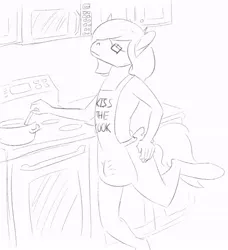 Size: 642x705 | Tagged: suggestive, artist:tempusfidgets, deleted from derpibooru, derpibooru import, anthro, earth pony, unguligrade anthro, apron, apron boner, clothes, cooking, male, monochrome, simple background, solo