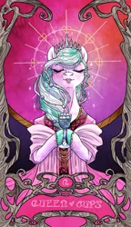 Size: 822x1425 | Tagged: safe, artist:sourcherry, derpibooru import, oc, unnamed oc, crystal pony, pony, clothes, cup, curly mane, jewelry, lipstick, minor arcana, queen of cups, scarf, tarot, tarot card, tiara