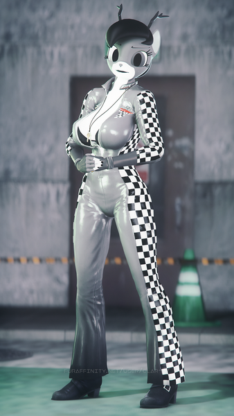 Size: 1080x1920 | Tagged: 3d, anthro, artist:clar3, breasts, cleavage, clothes, deer, derpibooru import, female, looking at you, oc, oc:aires, plantigrade anthro, racer, safe, solo, source filmmaker