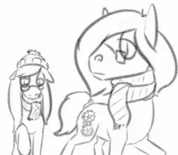 Size: 565x496 | Tagged: safe, artist:tempusfidgets, deleted from derpibooru, derpibooru import, oc, oc:autumn bramble, oc:tempus fidgets, earth pony, pony, clothes, female, hat, male, monochrome, scarf, simple background