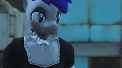 Size: 1280x720 | Tagged: safe, artist:themultibrony21, derpibooru import, oc, oc:feathertrap, unofficial characters only, anthro, unicorn, choker, close-up, clothes, crossdressing, eyeshadow, fallout, fallout 4, femboy, french maid, game mod, happy, lipstick, maid, makeup, male, smiling, stallion, trap