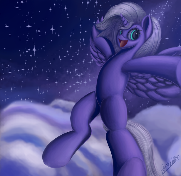 Size: 2052x2000 | Tagged: safe, artist:theunconsistentone, derpibooru import, oc, oc:star nebula moon, unofficial characters only, alicorn, pony, alicorn oc, art trade, horn, night, solo, stars, wings