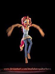 Size: 1736x2304 | Tagged: safe, artist:imafutureguitarhero, derpibooru import, sunset shimmer, alicorn, anthro, harpy, monster pony, original species, unguligrade anthro, equestria girls, 3d, alicornified, animated, animation cycle, armpits, backflip, clothes, colored eyebrows, colored eyelashes, cycles, dress, exclaiming, floating, flying, freckles, jeans, loop, pants, perfect loop, race swap, shout, solo, sound, source filmmaker, watermark, webm, wing arms, yelling