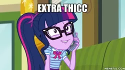 Size: 600x337 | Tagged: safe, derpibooru import, edit, edited screencap, screencap, sci-twi, twilight sparkle, equestria girls, equestria girls series, text support, aku, caption, geode of telekinesis, image macro, magical geodes, reference, samurai jack, text, text support: sunset shimmer