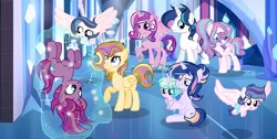 Size: 3120x1576 | Tagged: safe, artist:xxcutecookieswirlsxx, derpibooru import, princess cadance, princess flurry heart, shining armor, oc, oc:brighter velvet sparkle, oc:nighting ment, oc:safire eter, oc:star ray, alicorn, pegasus, pony, unicorn, baby, baby pony, base used, magic, magical lesbian spawn, offspring, older, parent:rainbow dash, parent:starlight glimmer, parent:tempest shadow, parent:twilight sparkle, parents:tempestglimmer, parents:twidash