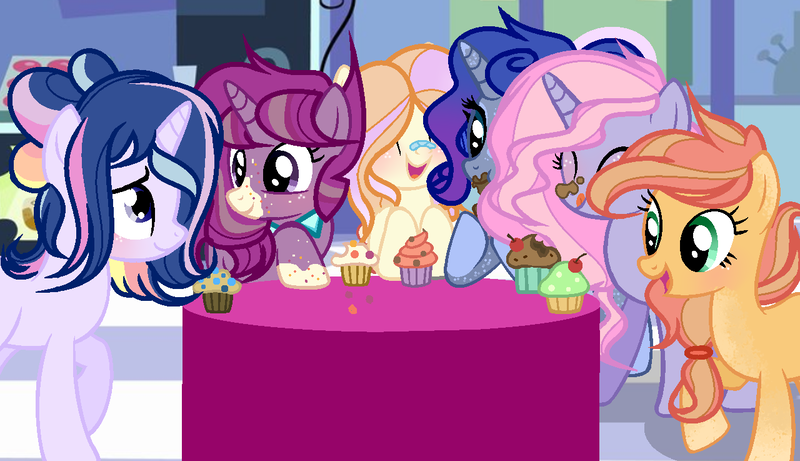 Size: 1280x737 | Tagged: safe, artist:xxcutecookieswirlsxx, derpibooru import, oc, oc:brighter velvet sparkle, oc:luartic sapphire, oc:rosaly, oc:safire eter, unofficial characters only, earth pony, pegasus, pony, unicorn, base used, cupcake, female, food, magical lesbian spawn, mare, offspring, parent:applejack, parent:bulk biceps, parent:fluttershy, parent:pinkie pie, parent:pokey pierce, parent:princess luna, parent:rainbow dash, parent:rarity, parent:starlight glimmer, parent:sunburst, parent:tempest shadow, parent:twilight sparkle, parents:appleburst, parents:flutterbulk, parents:pokeypie, parents:rariluna, parents:tempestglimmer, parents:twidash