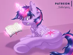 Size: 3000x2250 | Tagged: safe, artist:shad0w-galaxy, derpibooru import, twilight sparkle, twilight sparkle (alicorn), alicorn, pony, adorasexy, book, butt, chest fluff, cute, dock, ear fluff, female, fluffy, glowing horn, grin, horn, looking at you, looking back, looking back at you, lying, magic, mare, patreon, plot, reading, sexy, smiling, solo, telekinesis, underhoof, wing fluff, wings