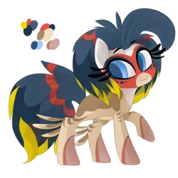 Size: 894x894 | Tagged: artist:birb-o-fluff, bird, bird pone, derpibooru import, female, mare, mask, oc, original species, raised hoof, reference sheet, safe, simple background, smiling, solo, transparent background, unofficial characters only