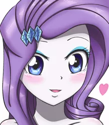 Size: 650x750 | Tagged: safe, artist:tastyrainbow, derpibooru import, rarity, equestria girls, anime, bare shoulder portrait, bare shoulders, big eyes, blushing, bust, cute, eyeshadow, hairpin, happy, implied nudity, looking at you, makeup, portrait