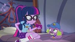 Size: 1920x1080 | Tagged: safe, derpibooru import, screencap, sci-twi, spike, spike the regular dog, twilight sparkle, dog, equestria girls, legend of everfree, legend of everfree - bloopers, blooper