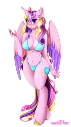 Size: 1997x3566 | Tagged: alternate version, anthro, artist:mailner, big breasts, bikini, blushing, breasts, busty princess cadance, clothes, colored hooves, colored wings, derpibooru import, erect nipples, female, lipstick, looking at you, milf, nail polish, nipple outline, princess cadance, simple background, smiling, solo, solo female, suggestive, swimsuit, unguligrade anthro, unshorn fetlocks, wings