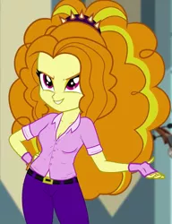 Size: 830x1080 | Tagged: safe, derpibooru import, edit, edited screencap, editor:ah96, screencap, adagio dazzle, equestria girls, rainbow rocks, breast edit, breasts, cleavage, clothes, cropped, evil grin, female, fingerless gloves, gloves, grin, polo shirt, smiling, solo, spiked headband