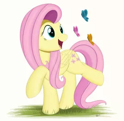 Size: 4000x3900 | Tagged: safe, artist:arcane-thunder, derpibooru import, fluttershy, butterfly, pegasus, pony, cute, female, grass, mare, open mouth, shyabetes, simple background, solo, white background