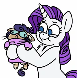 Size: 607x619 | Tagged: safe, artist:sandwichbuns, derpibooru import, rarity, oc, oc:yarnball, cat, cat pony, hybrid, original species, pony, chest fluff, clothes, cute, derp, female, interspecies offspring, mother and child, mother and daughter, no pupils, offspring, parent:capper, parent:rarity, parents:capperity, simple background, sweater, white background
