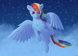 Size: 2743x2000 | Tagged: safe, artist:coldmix, derpibooru import, rainbow dash, pony, cloud, flying, grin, night, signature, sky, smiling, solo, stars