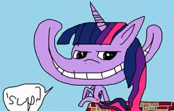 Size: 999x635 | Tagged: artist needed, safe, derpibooru import, twilight sparkle, twilight sparkle (alicorn), alicorn, pony, 1000 hours in ms paint, blushing, brick wall, downvote bait, evil grin, female, grin, mare, ms paint, shitposting, sitting, smiling, solo, speech bubble