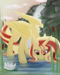 Size: 2000x2500 | Tagged: safe, artist:evlass, derpibooru import, oc, unofficial characters only, alicorn, bat pony, pony, alicorn oc, bat pony oc, bat wings, commission, drinking, horn, not sunset shimmer, red eyes, standing, water, waterfall, wings, ych result