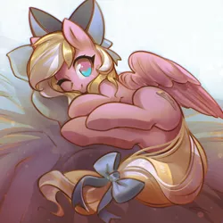 Size: 1994x1994 | Tagged: safe, artist:mirroredsea, derpibooru import, oc, oc:bay breeze, unofficial characters only, pegasus, pony, bow, butt, commission, cute, female, hair bow, looking at you, mare, one eye closed, plot, smiling, solo, tail bow, underhoof, wink