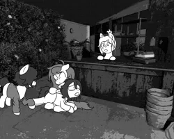 Size: 1280x1024 | Tagged: safe, artist:scraggleman, derpibooru import, wallflower blush, oc, oc:floor bored, oc:home sick, oc:paradise skies, earth pony, pony, equestria girls, equestria girls series, forgotten friendship, cash register, flower, monochrome, pottery, story included, story:lost and found, worried