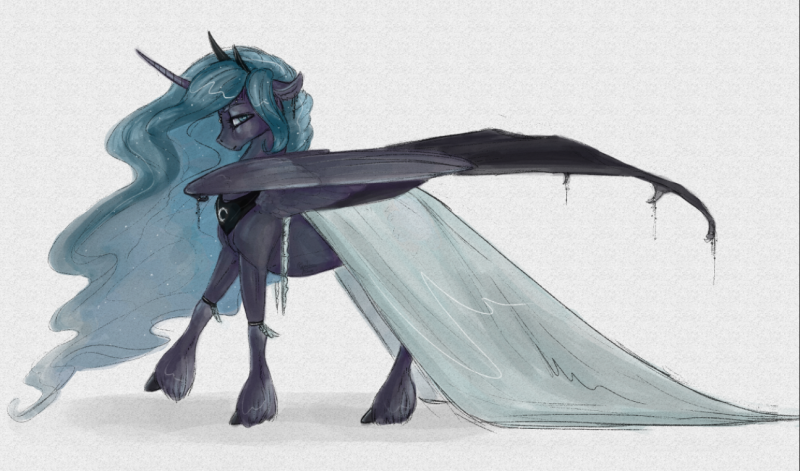 Size: 800x471 | Tagged: safe, artist:systemf4ilure, derpibooru import, nightmare moon, princess luna, alicorn, pony, bat wings, clothes, dress, solo, traditional art, unshorn fetlocks, wings