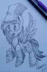 Size: 828x1260 | Tagged: artist needed, source needed, safe, derpibooru import, derpy hooves, pegasus, pony, clothes, costume, nightmare night, nightmare night costume, paper bag, paper bag wizard, pencil drawing, smiling, solo, traditional art