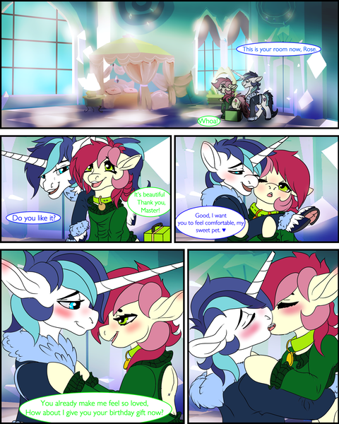 Size: 2000x2500 | Tagged: suggestive, artist:brainiac, derpibooru import, roseluck, shining armor, earth pony, pony, unicorn, comic:a single crystal rose, backless, bathrobe, blushing, clothes, collar, comic, cute, digital art, duo, female, floppy ears, frog (hoof), kissing, male, mare, open-back sweater, pet play, pet tag, pony pet, robe, rosabetes, rosepet, shiningluck, shipping, sleeveless, sleeveless sweater, stallion, straight, sweater, underhoof, virgin killer sweater