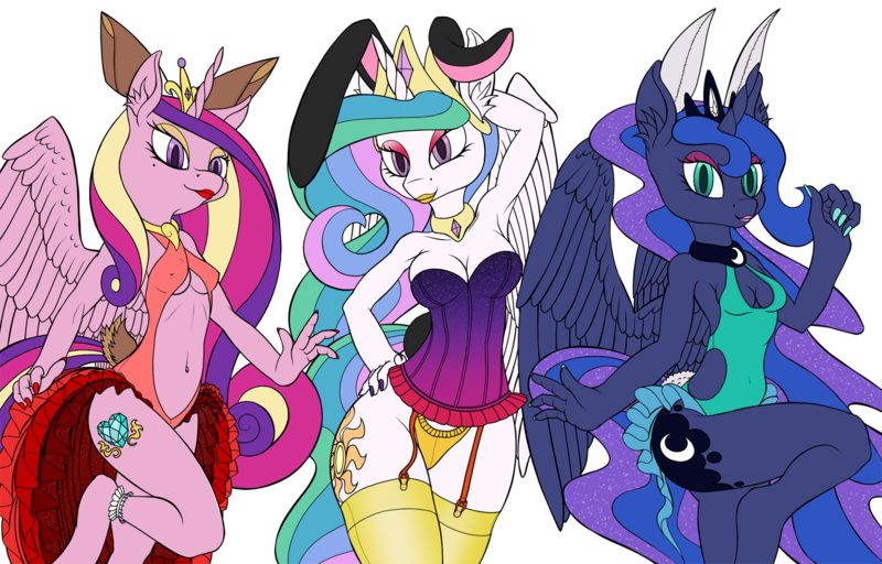 Size: 1561x1000 | Tagged: suggestive, artist:sepiakeys, derpibooru import, princess cadance, princess celestia, princess luna, alicorn, anthro, armpits, bow, breasts, bunny ears, bunny suit, bunny tail, bunnylestia, burlesque skirt, choker, clothes, corset, crown, cutout, erect nipples, eyeshadow, female, females only, frilly, garter, garter straps, group, hat, jewelry, leotard, lipstick, makeup, mare, nail polish, nipple outline, panties, pink lipstick, red lipstick, regalia, socks, tail bow, thigh highs, top hat, underwear, yellow lipstick