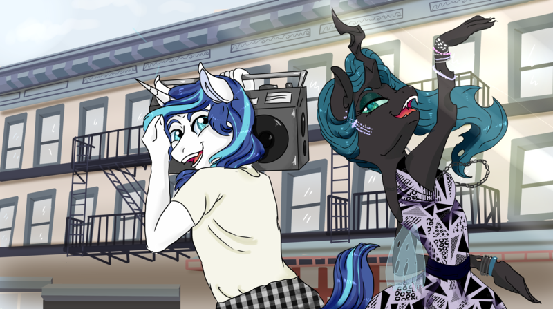 Size: 3024x1688 | Tagged: 80s, alternate universe, anthro, artist:miyathegoldenflower, building, clothes, cyndi lauper, dancing, derpibooru import, duo, duo female, female, gleaming chrysalis, gleaming shield, half r63 shipping, infidelity, lesbian, male, queen chrysalis, rule 63, safe, shining armor, shining chrysalis, shipping, straight