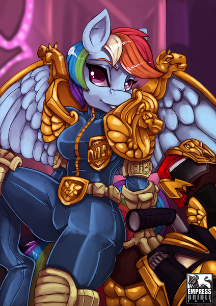 Size: 707x1000 | Tagged: anthro, artist:empressbridle, breasts, derpibooru import, female, judge dredd, megacity judge outfit, motorcycles, pinup, rainbow dash, safe, solo