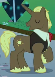 Size: 513x723 | Tagged: safe, derpibooru import, screencap, chocolate sun, pony, unicorn, the best night ever, at the gala, background pony, clothes, eyes closed, male, raised hoof, solo, stallion, vest