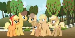 Size: 1280x657 | Tagged: safe, artist:caribbeanwaves, derpibooru import, applejack, caramel, pony, apple, apple tree, carajack, family, female, fence, male, shipping, straight, sweet apple acres, tree