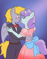 Size: 800x1000 | Tagged: safe, artist:empyu, derpibooru import, crackle pop, liza doolots, petunia, tootsie flute, anthro, pegasus, unicorn, blushing, bow, bowtie, clothes, dress, female, looking at each other, male, shipping, smiling, straight, suit, tootsiepop