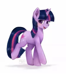 Size: 1263x1423 | Tagged: safe, artist:riukime, derpibooru import, twilight sparkle, pony, unicorn, cute, female, looking at you, mare, open mouth, simple background, solo, twiabetes, unicorn twilight, walking, white background